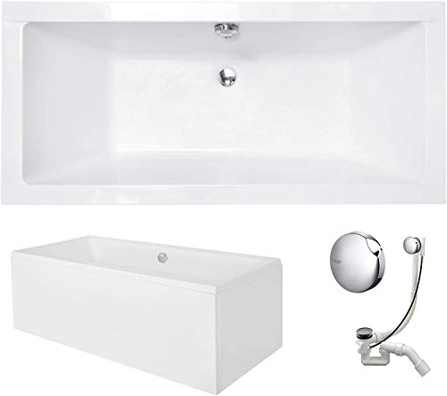 VBChome Badewanne 180x80 cm Acryl SET – Rechteckwanne Weiß, mit Schürze, Siphon, Wannenfüße, Ablaufgarnitur Chrom, Modernes Design, Freistehend oder Einbau, Pflegeleicht, Robuste Acrylwanne von VBChome
