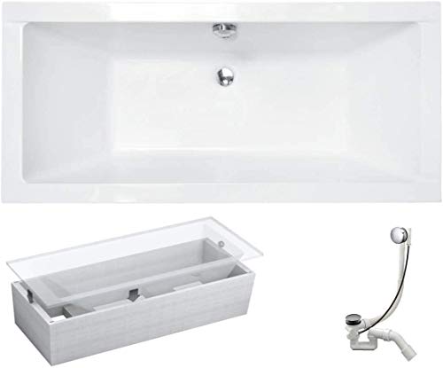 VBChome Badewanne 180x80 cm Acryl SET Wannenträger Siphon Wanne Rechteck Weiß Design Modern Styroporträger Ablaufgarnitur in Chrom Viega Simplex für 2 Personen von VBChome