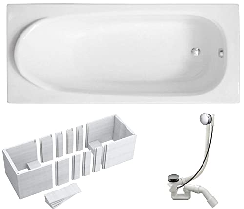 VBChome Badewanne 190x80 cm Acryl SET 3in1 Wannenträger Siphon Wanne Rechteck Weiß Design Modern Styroporträger Ablaufgarnitur in Chrom Viega Simplex von VBChome