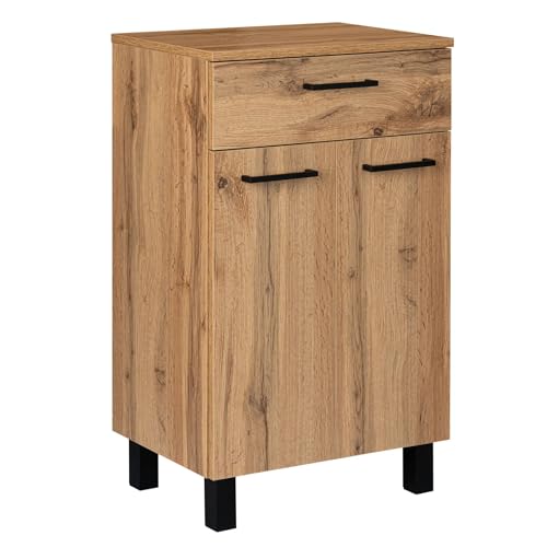 VBChome Badezimmerkommode Wotan 50x84x35 cm mit 2 Türen, Schublade und verstellbarem Regal – Modernes Design mit schwarzen Metallgriffen von VBChome