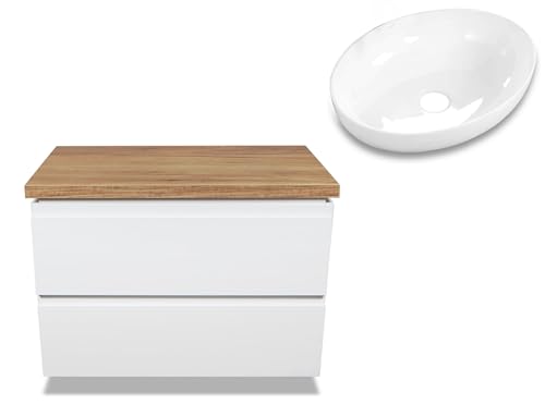 VBChome Badezimmerschrank 80x45 cm Waschbecken 51x39 cm Weiß Unterschränke Wandschrank Waschbeckenunterschrank Hängeschränke mit Arbeitsplatte 2 Schubladen Gefräste Griffe von VBChome