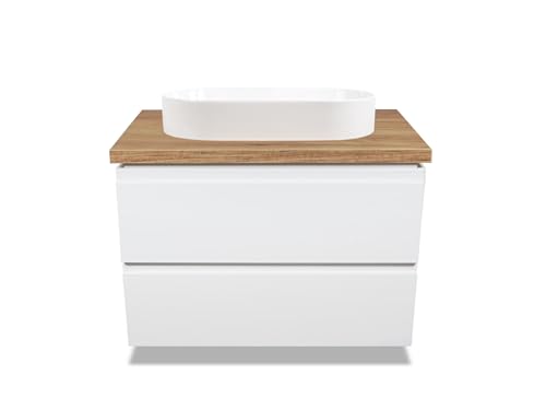 VBChome Badezimmerschrank 80x45 cm Waschbecken 61x39 cm Weiß Unterschränke Wandschrank Waschbeckenunterschrank Hängeschränke mit Arbeitsplatte 2 Schubladen Gefräste Griffe von VBChome