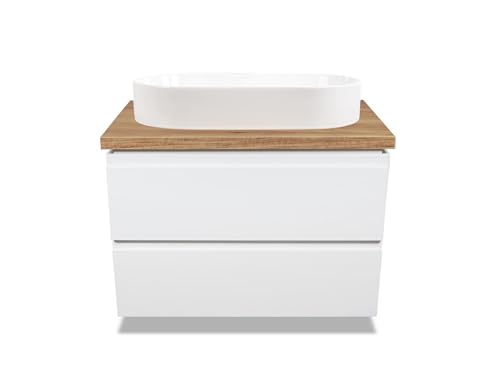 VBChome Badezimmerschrank 80x45 cm Waschbecken 71x38 cm Weiß Unterschränke Wandschrank Waschbeckenunterschrank Hängeschränke mit Arbeitsplatte 2 Schubladen Gefräste Griffe von VBChome