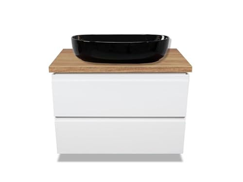 VBChome Badezimmerschrank 80x45 cm Weiß Waschbecken 61x41 cm Schwarz Unterschränke Wandschrank Waschbeckenunterschrank Hängeschränke mit Arbeitsplatte 2 Schubladen Gefräste Griffe von VBChome