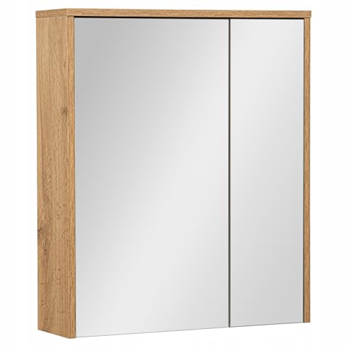 VBChome Badezimmerschrank mit Spiegel 60x70x16 cm 2 Türen Eiche Wotan – Hängeschrank mit Soft-Close-System und Glasregalen von VBChome