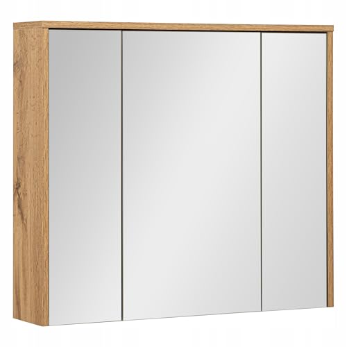VBChome Badezimmerschrank mit Spiegel 80x70x16 cm 3 Türen Eiche Wotan – Hängeschrank mit Soft-Close-System und Glasregalen von VBChome