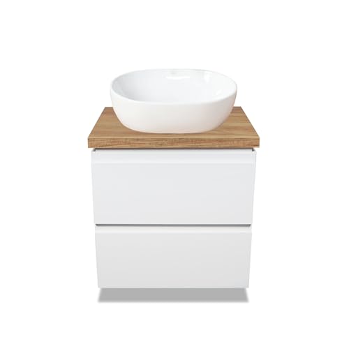 VBChome Badmöbel 50 cm Weiß Aufsatzwaschbecken 48x35 cm Aufsatzwaschtisch mit Waschbeckenunterschrank 2 Schubladen Moduo Badezimmerschrank von VBChome