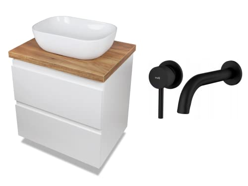 VBChome Badmöbel 50 cm Weiß Aufsatzwaschbecken mit Armatur 48x35 cm Aufsatzwaschtisch mit Waschbeckenunterschrank 2 Schubladen Moduo Badezimmerschrank von VBChome