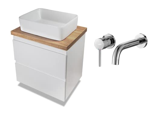 VBChome Badmöbel 50 cm Weiß Aufsatzwaschbecken mit Armatur 48x37 cm Aufsatzwaschtisch mit Waschbeckenunterschrank 2 Schubladen Moduo Badezimmerschrank von VBChome