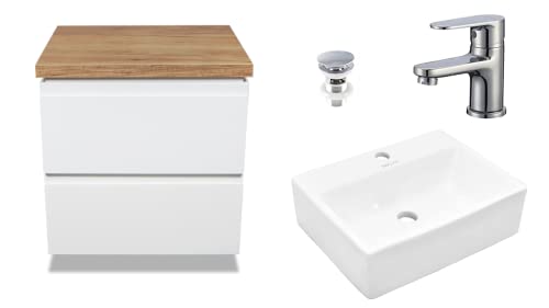 VBChome Badmöbel Set 50 cm, Weiß Hochglanz, Aufsatzwaschbecken mit Hahnloch (39x30 cm), Chrom Armatur, Waschbeckenunterschrank mit 2 Schubladen, modernes Design für Badezimmer VBChome Badmöbel Set 50 cm, Weiß Hochglanz, Aufsatzwaschbecken mit Hahnloch (39x30 cm), Chrom Armatur, Waschbeckenunterschrank mit 2 Schubladen, modernes Design für Badezimmer von VBChome