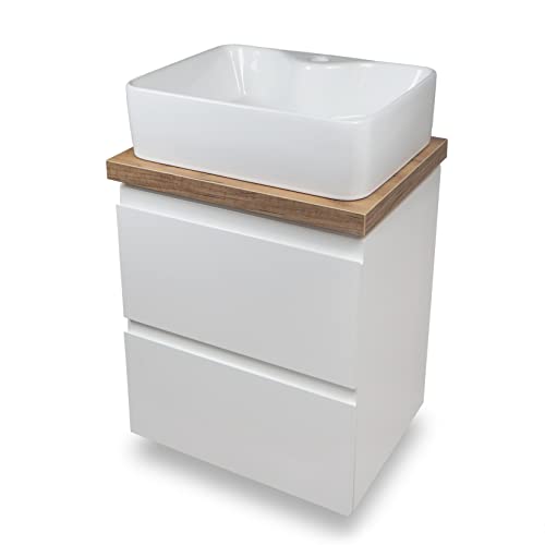 VBChome Badmöbel 50x40 cm Weiß Aufsatzwaschbecken mit Hahnloch 49x38 cm Aufsatzwaschtisch Waschbeckenunterschrank mit Arbeitsplatte 2 Schubladen Moduo Badezimmerschrank Modern von VBChome
