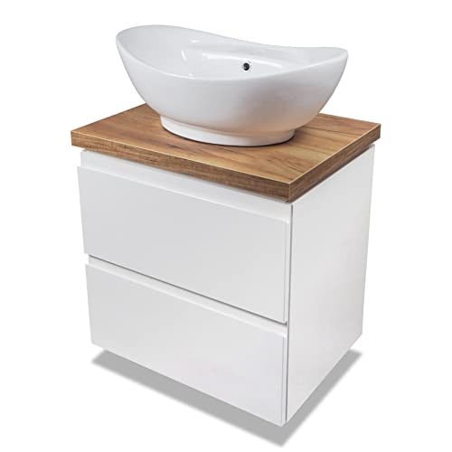 VBChome Badmöbel 50 cm Weiß – Aufsatzwaschbecken mit Hahnloch (59x39 cm) – Waschbeckenunterschrank 2 Schubladen – Moderner Badezimmerschrank – Hängend – Platzsparendes Design von VBChome
