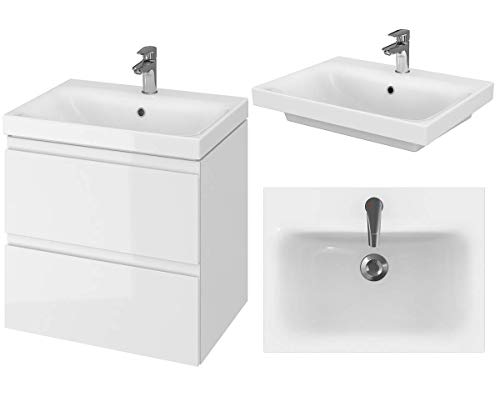 VBChome Waschtisch Set 50x40 cm Weiß Hochglanz – Waschbecken mit Unterschrank, 2 Schubladen, Badezimmerschrank aus Holz, Waschbeckenunterschrank, Badmöbel Set modern für kleines Badezimmer von VBChome
