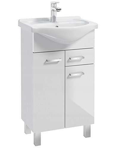 VBChome Badmöbel 55x30 cm Waschbecken mit Unterschrank Weiß Waschtisch Badezimmer Badschrank Stehend 2 Türen 1 Schublade Hochglanz Modern Elegant Funktionell Selbstmontage von VBChome