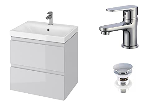 VBChome Badmöbel 60 cm Grau mit Armatur und Pop-up ventil Waschbecken mit Unterschrank Waschtisch 2-Schubladen Hängeschrank Click-Clack von VBChome