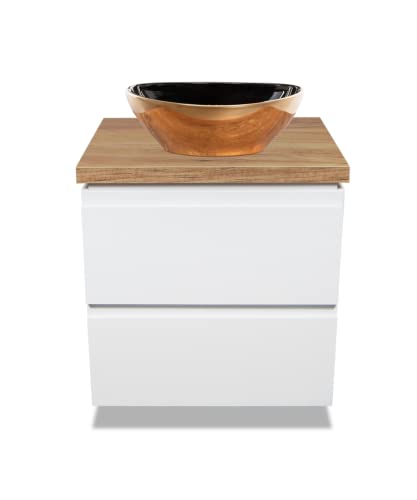 VBChome Badmöbel 60 cm Weiß Aufsatzwaschbecken Schwarz-Gold 41x35 cm Aufsatzwaschtisch mit Waschbeckenunterschrank 2 Schubladen Moduo Badezimmerschrank von VBChome