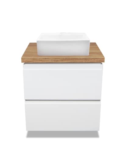VBChome Badmöbel 60 cm Weiß Aufsatzwaschbecken mit Hahnloch 39x30 cm Aufsatzwaschtisch mit Waschbeckenunterschrank 2 Schubladen Badezimmerschrank Modern von VBChome