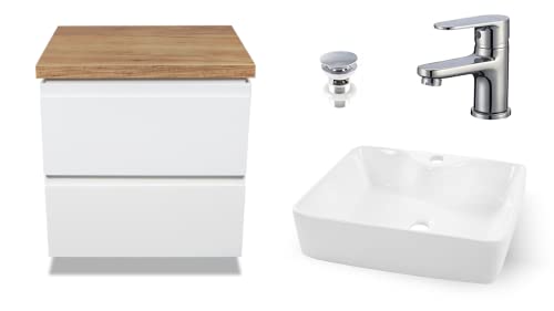 VBChome Badmöbel 60 cm Weiß – Aufsatzwaschbecken mit Hahnloch (49x38 cm) und Armatur – Waschbeckenunterschrank mit 2 Soft-Close Schubladen – Moderner Badezimmerschrank mit Arbeitsplatte von VBChome