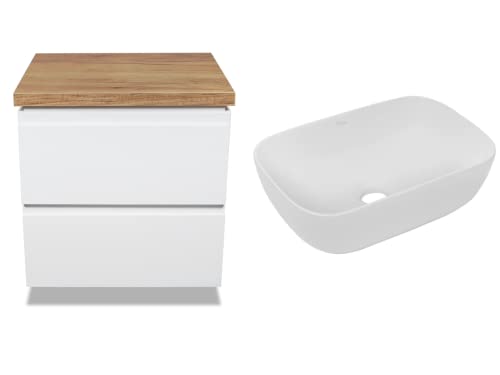 VBChome Badmöbel 60 cm Weiß Belinda Aufsatzwaschbecken ohne Hahnloch 46x33 cm Aufsatzwaschtisch mit Waschbeckenunterschrank 2 Schubladen Moduo Badezimmerschrank Modern von VBChome