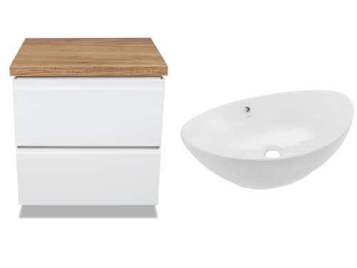 VBChome Badmöbel 60 cm Weiß Wendy Aufsatzwaschbecken ohne Hahnloch 59x38 cm Aufsatzwaschtisch mit Waschbeckenunterschrank 2 Schubladen Moduo Badezimmerschrank Modern von VBChome