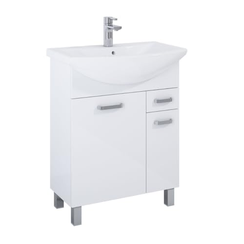 VBChome Badmöbel 66x44x84 cm Weiß Waschbecken mit Hahnloch Badezimmerschrank 2 Türen 1 Schublade Soft Close System Modern von VBChome