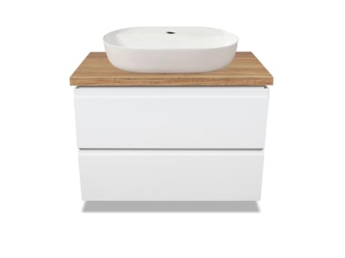 VBChome Badmöbel 80 cm Weiß Aufsatzwaschbecken mit Hahnloch 60x40 cm Aufsatzwaschtisch mit Waschbeckenunterschrank 2 Schubladen Badezimmerschrank Soft Close System Wandregal Modern von VBChome
