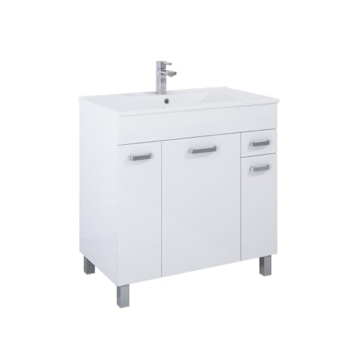 VBChome Badmöbel 80x46x83 cm Weiß Waschbecken mit Hahnloch Badezimmerschrank 3 Türen 1 Schublade Soft Close System Modern von VBChome