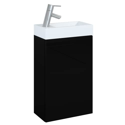VBChome Badmöbel Set 40 cm Weiß Waschbecken mit Schwarz Hängeschrank Waschtisch 1-Türen Push to Open-System Modern Elegant von VBChome
