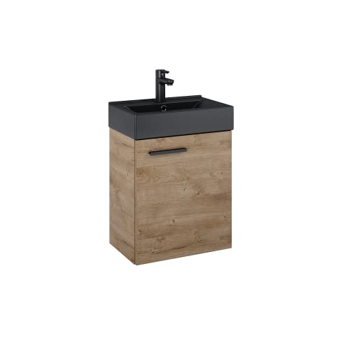 VBChome Badmöbel Set 45 cm Schwarz Matt – Waschbecken mit Holzfarbener Hängeschrank, Badezimmerschrank mit Soft-Close Unterschrank Moderner 1-türiger Waschtisch Mattschwarze Keramikwaschbecken Elegant von VBChome