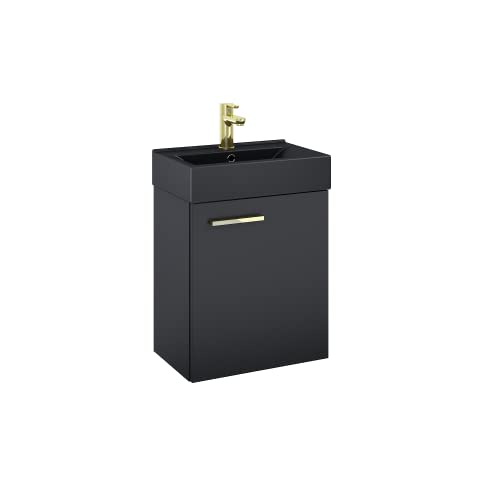 VBChome Badmöbel Set 45 cm Schwarz Matt – Waschbecken mit Montiertem Hängeschrank, Badezimmerschrank mit Soft-Close Unterschrank, Moderner 1-türiger Waschtisch, Elegant und Platzsparend von VBChome