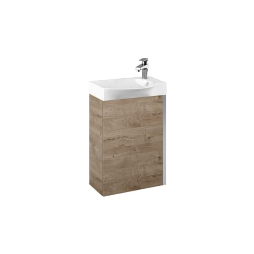 VBChome Badmöbel Set 45 cm Weiß Waschbecken mit Eiche Hängeschrank Waschtisch 1-Türen Soft-Close Seitengriff Modern Elegant von VBChome