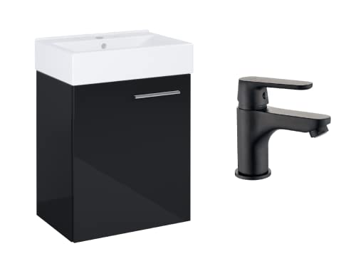 VBChome Badmöbel Set 45 cm Weiß Waschbecken mit Hängeschrank und Armatur Schwarz Waschtisch 1-Türen Soft-Close Waschtischarmatur Modern Elegant von VBChome
