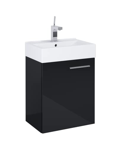 VBChome Badmöbel Set 45 cm Weiß/Schwarz – Waschbecken mit Hängeschrank, Badezimmerschrank mit Soft-Close Unterschrank, Moderner 1-türiger Waschtisch, Schwarz Glanz & Weiß Keramikwaschbecken, Elegant von VBChome