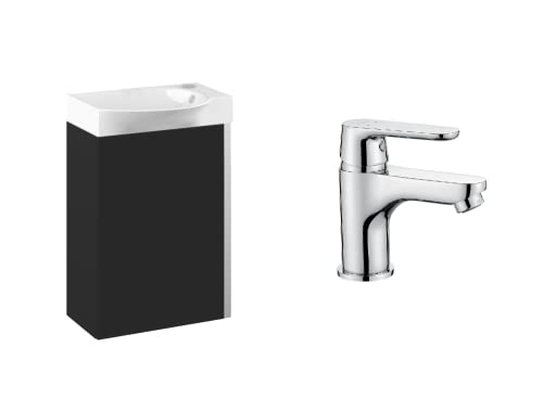 VBChome Badmöbel Set 45 cm Weiß Waschbecken mit Schwarz Matt Hängeschrank und Armatur Chrom Waschtisch 1-Türen Soft-Close Seitengriff Modern Elegant von VBChome