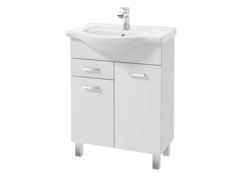 VBChome Badmöbel Set 65 cm Weiß Hochglanz – Waschtisch mit Keramik Waschbecken & Unterschrank – Badschrank mit 2 Türen & 1 Schublade – Chromgriffe – Badezimmermöbel stehend von VBChome