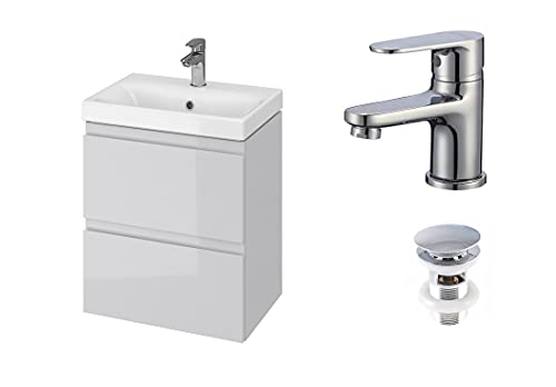 VBChome Badmöbel Slim 50 cm Grau mit Armatur und Pop-up ventil Waschbecken mit Unterschrank Waschtisch 2-Schubladen Moduo Hängeschrank Click-clack VBChome Badmöbel Slim 50 cm Grau mit Armatur und Pop-up ventil Waschbecken mit Unterschrank Waschtisch 2-Schubladen Moduo Hängeschrank Click-clack von VBChome