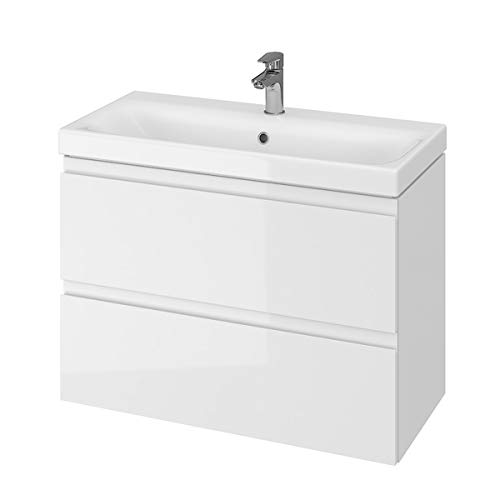 VBChome Badmöbel Weiß 80 cm Slim Waschbecken mit Unterschrank Waschtisch 2-Schubladen Moduo Waschbeckenunterschrank Badezimmerschrank Badschrank von VBChome