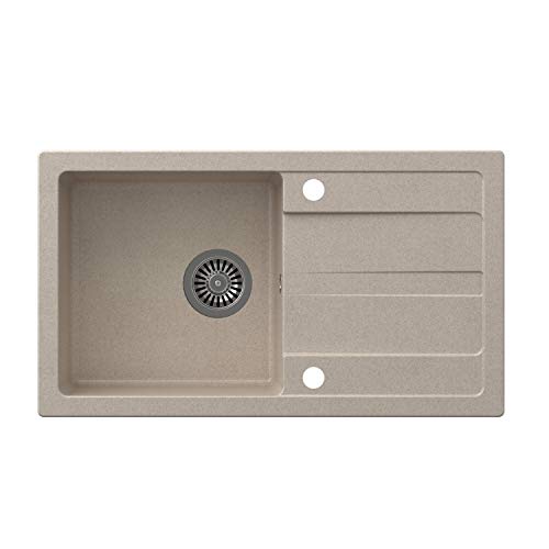 VBChome Spüle 77 x 44 cm Beige Granit Einzelbecken Einbauspüle Abtroffläche gesprenkelt reversibel Verbundspüle + Siphon Spülmittelspender von VBChome