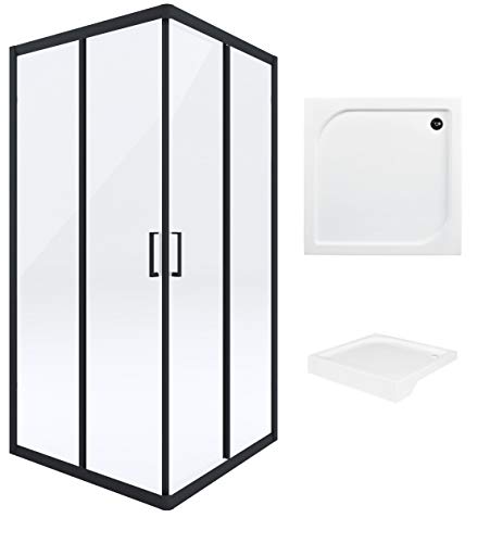 VBChome Duschkabine 80x80 Schwarz mit Duschwanne Duschtasse Quadrat 185cm Eckeinstieg Duschwand Schiebetür Duschabtrennung Klares Sicherheitsglas Dusche Duschtrennwand Klares Sicherheitsglas Dusche von VBChome