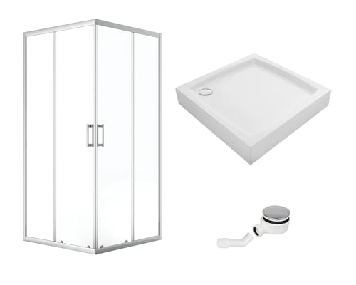 VBChome Duschkabine mit Duschwanne Quadrat Set 90x90x185 cm Chrom Duschtasse Siphon Eckeinstieg Duschwand Schiebetür Duschabtrennung Klares Sicherheitsglas Duschtrennwand Quadrat 90x90 cm Chrom von VBChome