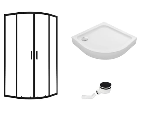 VBChome Duschkabine mit Duschwanne Viertelkreis Set 80x80x185 cm Schwarz Duschtasse Siphon Eckeinstieg Duschwand Schiebetür Duschabtrennung Sicherheitsglas Duschtrennwand Viertelkreis 80x80 Schwarz von VBChome