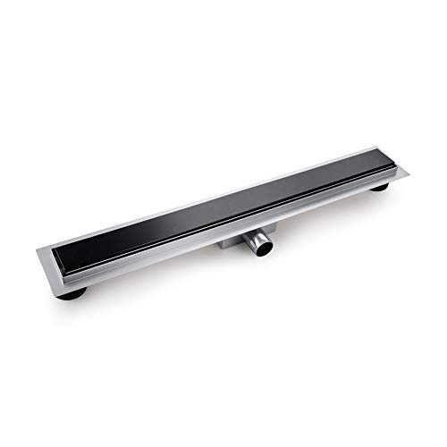 VBChome Duschrinne 80 cm Schwarzes Gehärtetes Glas Edelstahl Doppelseitige Ablauf Bodenablauf Selbstreinigender Siphon mit Geruchsstop für Badezimmer Duschablauf sehr flach Komplettset von VBChome