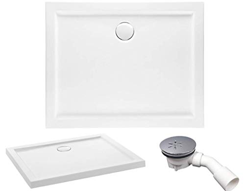 VBChome Duschwanne 120 x 100 x 5,5 cm sehr Flach Sanitär-Acryl Hochwertige Glasfaser verstärkte Wanne Form: Rechteckig Weiß Hochglanz Aufbau-Höhe: 5,5 cm inkl. Ablaufgarnitur/Siphon Tempoplex von VBChome