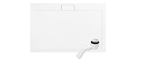 VBChome Duschwanne 130x90 cm + Siphon sehr Flach Acryl Hochwertige Glasfaser verstärkte Wanne quadratisch Weiß Aufbau-Höhe: 4,5 cm Ablaufgarnitur von VBChome