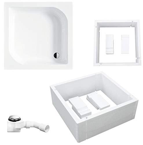 VBChome Duschwanne 80x80 Quadrat mit Träger Weiß Stabil Glatt Dusche Styroporträger Ablaufgarnitur Duschkabine Duschtasse Acryl Rechteck Befliesbar Tief Syphon Viega Domoplex von VBChome
