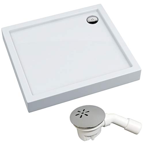 VBChome Duschwanne Duschtasse 70 x 90 x 14 cm Rechteckig für Duschkabine Styroporträger flach Sanitär-Acryl Duschbecken stabil glatt weiß Dusche+ Ablaufgarnitur von VBChome