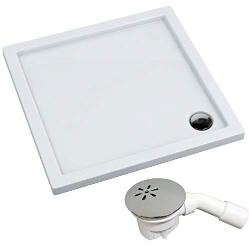 VBChome Duschwanne Duschtasse 90 x 90 x 5 cm Rechteckig für Duschkabine Styroporträger flach Sanitär-Acryl Duschbecken stabil glatt weiß Dusche+ Ablaufgarnitur Viega Tempoplex von VBChome