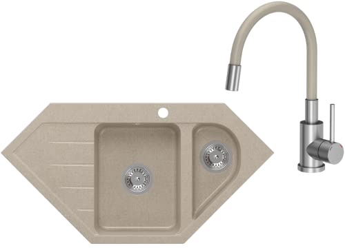 VBChome Eckspülbecken mit Armatur 95x49 cm Beige Granit 1,5 Becken 1,5 Abtropffläche Küche Einbauspüle Küchenspüle Gesprenkelt Spülbecken Siphon Armatur von VBChome