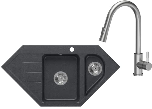 VBChome Eckspülbecken mit Armatur 95x49 cm Schwarz Granit 1,5 Becken 1,5 Abtropffläche Küche Einbauspüle Küchenspüle Gesprenkelt Spülbecken Siphon Armatur von VBChome