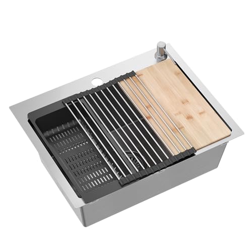 VBChome Edelstahlspüle 58 x 45 cm Gebürsteter Edelstahl Zubehörset Spender Schneidbrett Rollmatte Faltbarer Abtropfständer Einbauspüle mit Zwei Löcher Siphon von VBChome